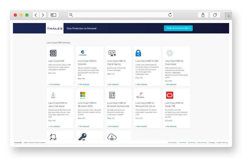 Bildschirmfoto des Thales Data Protection on Demand Marketplace mit Luna Cloud HSM-Diensten